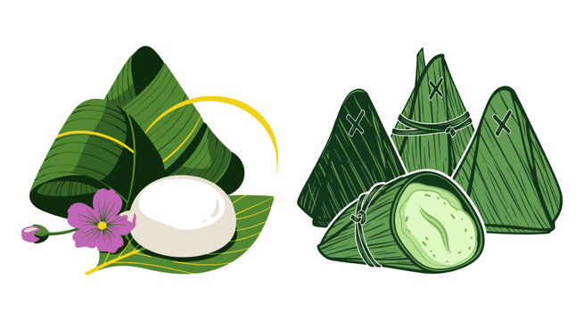 Traditional Zongzi rice dumplings wrapped in green bamboo leaves for Dragon Boat
