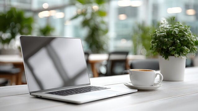 明るいオフィスでノートパソコンとコーヒー、観葉植物が置かれた清潔感のあるワークスペース