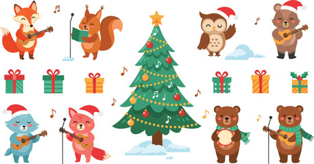 Fototapeta premium Christmas Animals Singing with Music Instruments, Gifts, and Festive Tree, Cartoon Forest Friends, Cute Holiday Illustrations