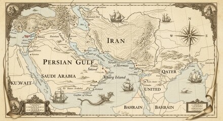 Fototapeta premium Vintage antique map of the Persian Gulf and Middle East, aged parchment nautical chart with sailing ships, historical cartography illustration