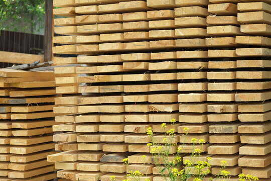 Stack of industrial pine wooden planks in an outdoor sawmill storage.