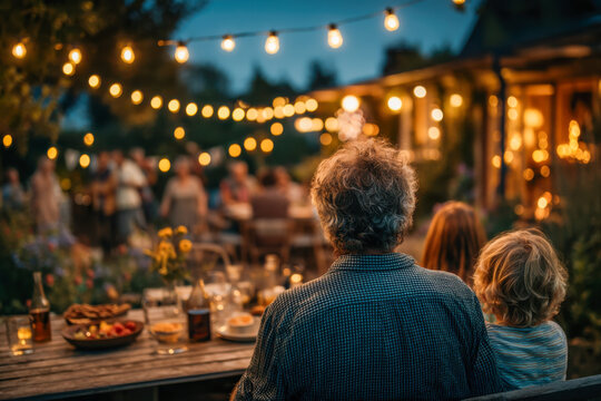 Back view of an older man and child sitting at a wooden table during a cozy outdoor backyard party under string lights at dusk