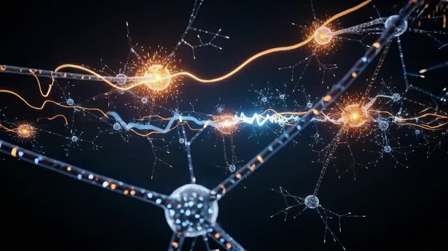 Abstract digital illustration of glowing neurons and neural connections in the brain with electric signals