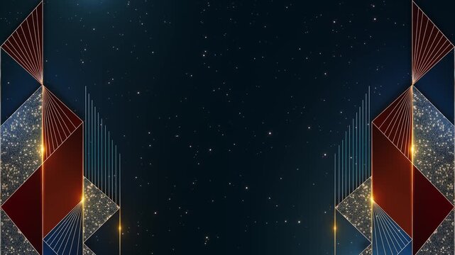 Luxurious dark blue and maroon Art Deco background featuring shimmering gold particles geometric lines. for VIP event invitations, awards ceremony videos, luxury brand promos, visual presentations.