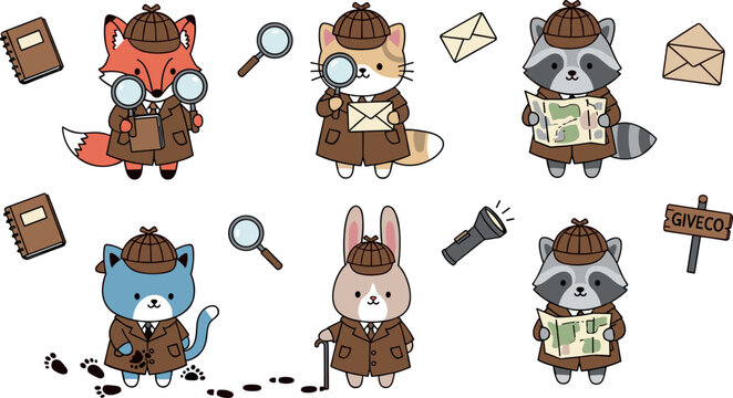 Cartoon Illustration of Detective Animals Including Fox, Cat, Raccoon, and Bunny with Magnifying Glass, Map, and Clues for Fun Mystery Designs