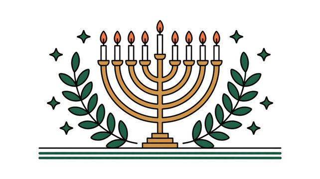 Traditional nine-branched menorah with candles and olive branches illustration Vector