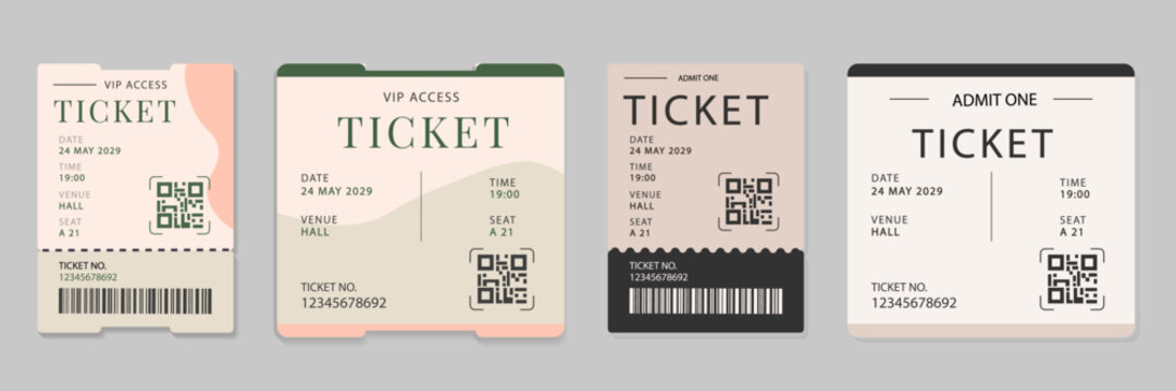 A set of VIP access ticket templates in vertical format. Minimalist vector layout with QR code and barcode for events, concerts, and festivals in a modern style with abstract shapes.