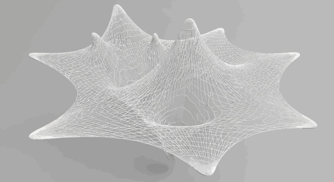 Abstract wireframe structure with multiple peaks and star-shaped base against a soft grey backdrop; complex and stylized design