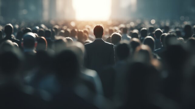 Businessman in a suit stands among a large crowd of people, facing a bright light source in the distance, creating a sense of depth and perspective in the scene