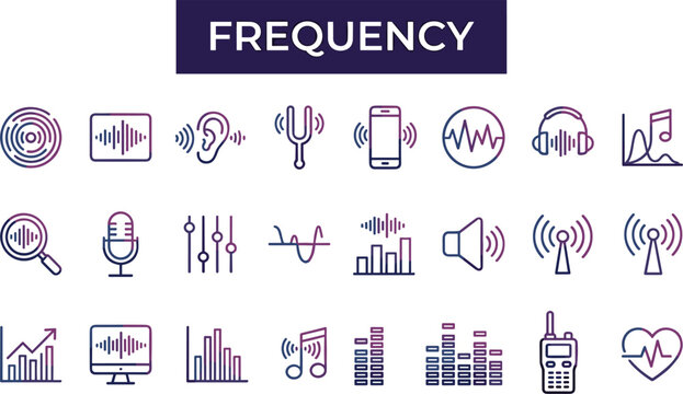 Frequency and audio technology icon set featuring sound waves music controls communication signals and acoustic equipment gradient vector collection