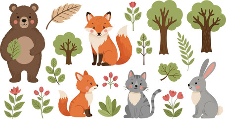 Naklejka premium Cute cartoon forest animals, trees, and plants on white background, bear rabbit