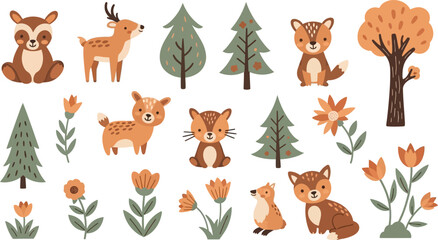 Fototapeta premium Cute cartoon woodland animals, trees, and flowers in a flat style deer fawn rabbit