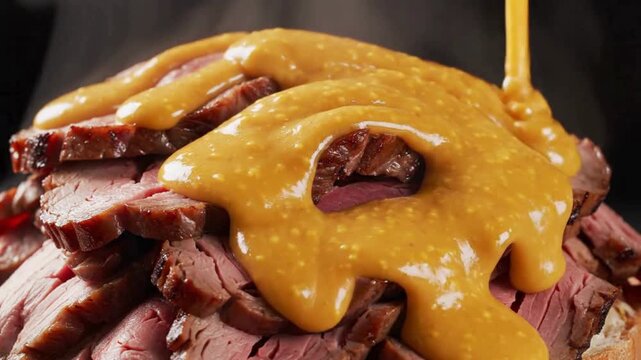 slow motion pouring honey mustard sauce on sliced roast beef roast beef sandwich with steam and dark background
