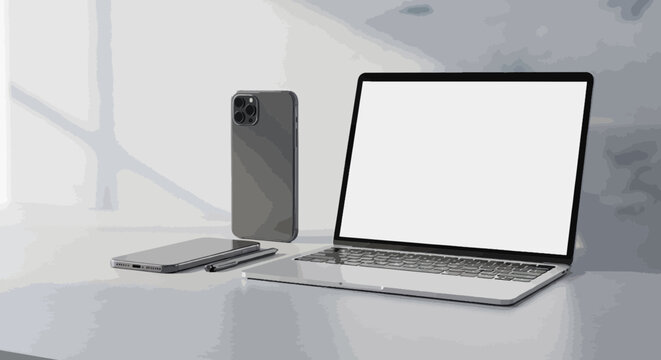Laptop and smartphone with a stylus pen on a gray desk in a cartoon style showcasing digital workspace technology and modern lifestyle