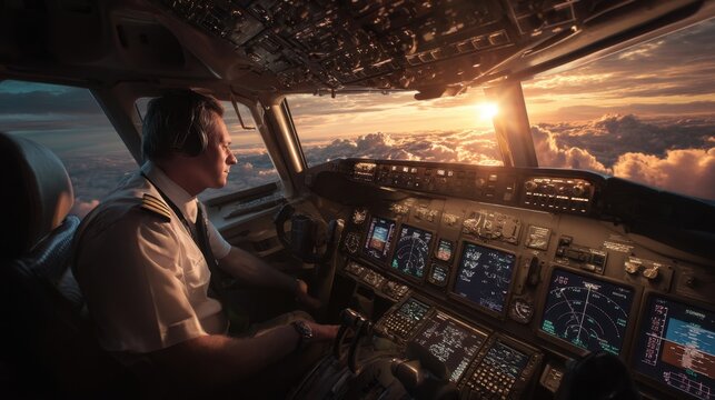 Male pilot in uniform operating aircraft cockpit controls during sunset, with illuminated instruments and clouds visible through the cockpit windows