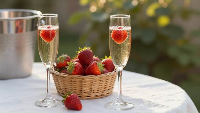 Champagne Flutes with Strawberries &ndash; Elegant Summer Refreshment for Garden Parties, Luxury Events, and British Racing Style Celebrations