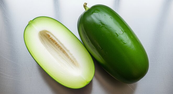 Fresh Winter Melon Cut Half on Metallic Surface