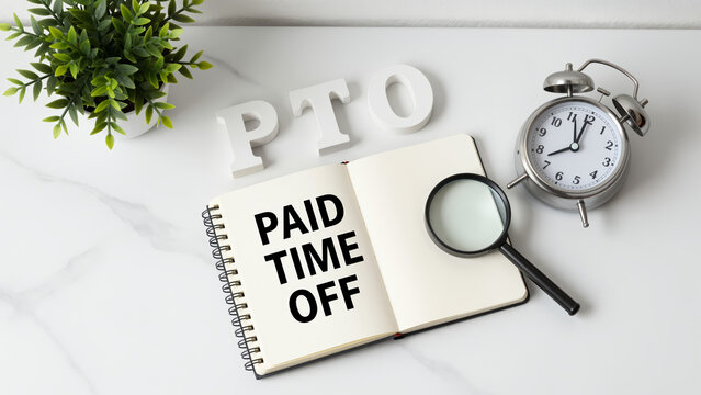 Paid Time Off Desk Concept &ndash; Notebook, Vintage Clock, and Magnifying Glass for Work Leave Requests and Vacation Paperwork