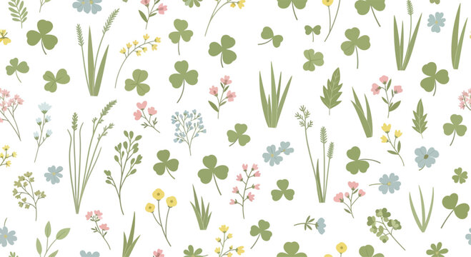 Seamless pattern of green shamrocks, delicate wildflowers, and blades of grass on a white background