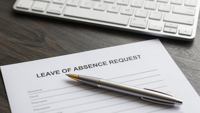 Leave of Absence Request Form &ndash; Silver Pen on Wooden Desk for HR Documentation, Employee Vacation Paperwork, and Administrative Processes