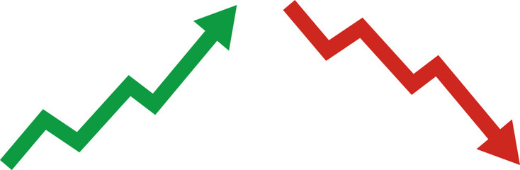 Stock market. The rise and fall of securities. Successful trading. Market trend up green and red down arrows, financial graphs. Business investment growth and loss arrow. Graph going up and down © Volodymyr