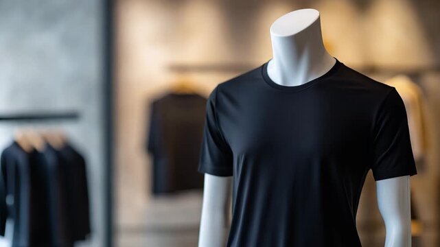 A black t shirt is shown on a mannequin inside a clothing store with various shirts hanging on a rack in the background
