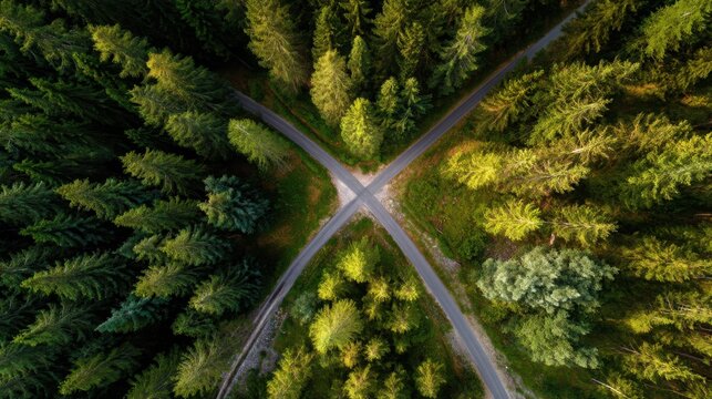 Aerial view of a crossroads in a dense forest with vibrant green trees and intersecting roads creating a natural landscape in a serene environment