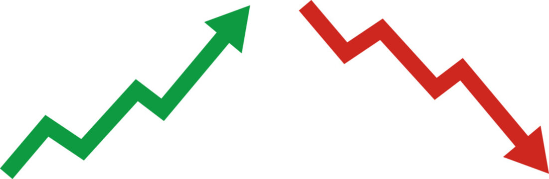 Stock market. The rise and fall of securities. Successful trading. Market trend up green and red down arrows, financial graphs. Business investment growth and loss arrow. Graph going up and down