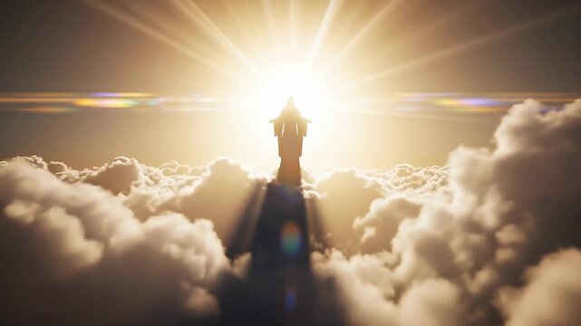 Almighty god in clouds christian ascending to heaven concept. Rocket launching through bright sunlight with clouds in the sky during space exploration
