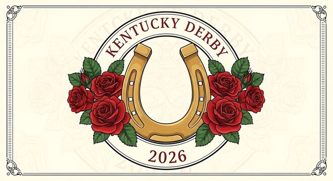 "Kentucky Derby 2026" is written in a circular badge-style vector with flowers and a horseshoe