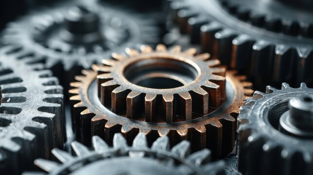 Close-up view of interlocking metal gears with varying sizes and textures, showcasing intricate details and a mechanical design in a dark industrial setting