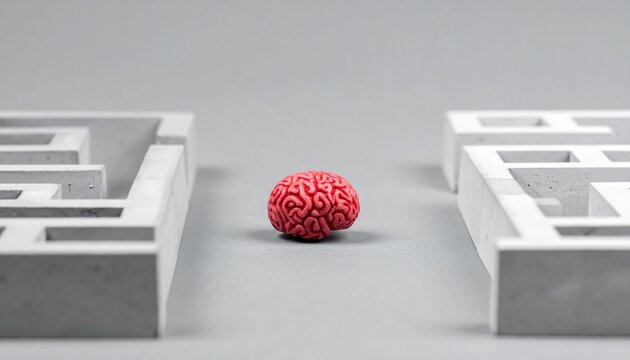 A symbolic conceptual image showing a human brain placed between two stone maze structures representing mental challenge and cognitive thinking.