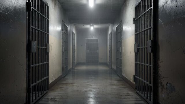 Dark and eerie prison corridor with metal barred cell doors and dim fluorescent lighting