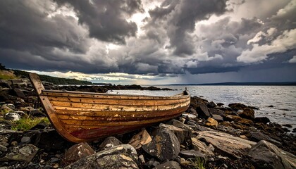 Obraz premium An old wooden fishing boat resting on a rocky shore under a dramatic and stormy sky with dark heavy clouds gathering over the tranquil ocean water.