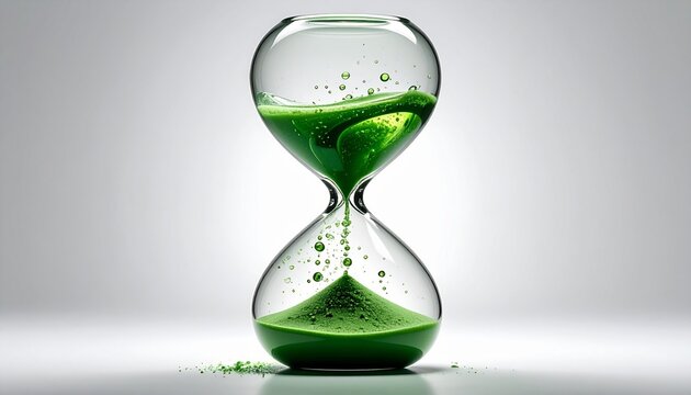 A conceptual hourglass with flowing green liquid and sediment representing the passing of time and natural organic wellness and growth cycles.