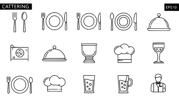 Catering icon vector set with cutlery tableware waiter tray chef hat and dining symbols editable stroke