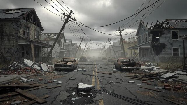 Abandoned post apocalyptic street with destroyed houses broken cars and fallen power lines under cloudy sky