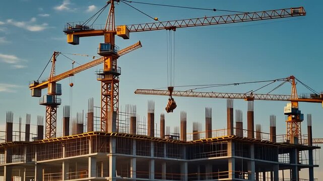 Multiple cranes synchronizing to lift steel frames on a mega construction site