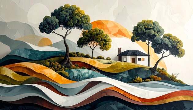 A beautiful abstract landscape illustration featuring a cozy home surrounded by lush green trees and soft flowing layered golden brown hills.