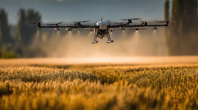 Agricultural drone flying over golden wheat field during sunset, with trees and mountains visible in the background creating a serene rural landscape