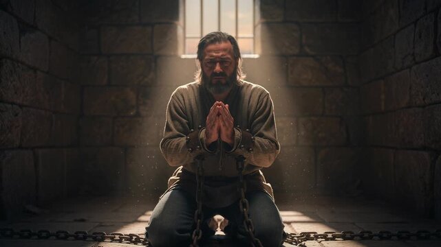 Man in chains praying for freedom in a dimly lit stone prison cell with sunlight streaming through window