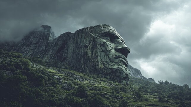 Massive rock face, sculpted like a weathered head,  against stormy sky