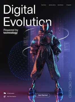 Futuristic robot standing in a digital environment with technology