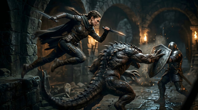 Cinematic fantasy illustration showing a female rogue leaping to attack a scaly monster while a knight in plate armor defends in a dark dungeon.