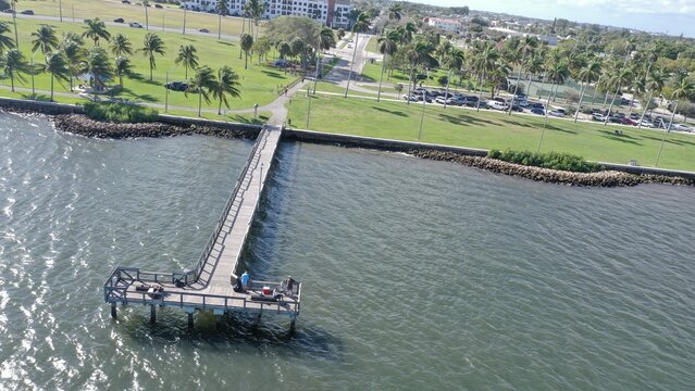 Aerial view of a wooden fishing pier extending into calm water with people fishing, bordered by a green park with palm trees and a coastal road.