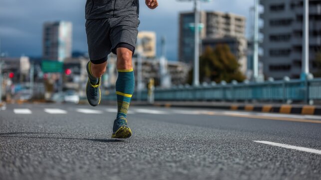 Male runner in gray shorts and colorful socks jogging on an urban road with buildings and traffic lights visible in the background
