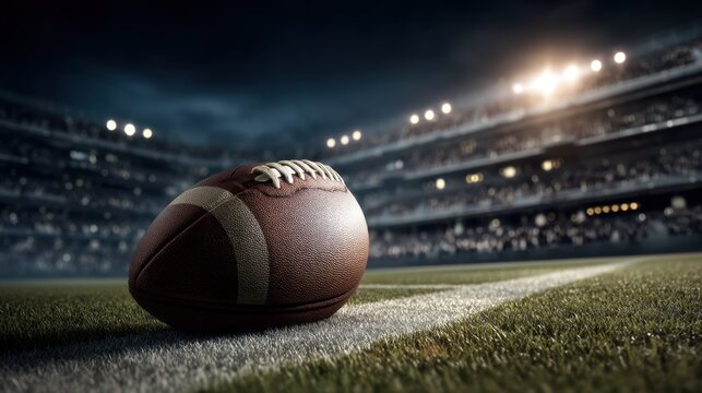 American football resting on the field with stadium lights illuminating the background, showcasing a well-maintained grass surface and empty spectator stands