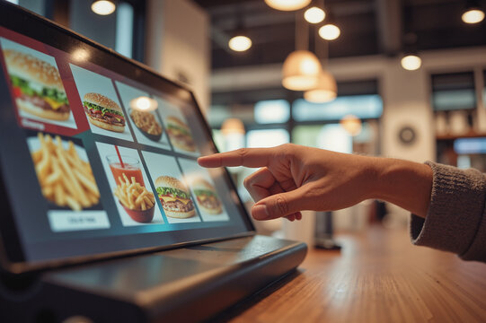 Touchscreen Kiosk Display &ndash; Finger Selecting Food from Digital Menu for Modern Retail, Self-Service Ordering Systems and CES Tech Expo Concepts