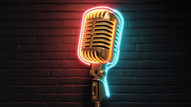 Vintage microphone with neon blue and orange lights against a dark brick wall, showcasing retro design and vibrant illumination in a music-themed setting