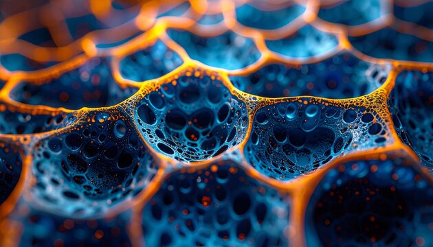 Abstract scientific background featuring a microscopic organic structure with glowing orange borders and deep blue porous cell like textures.